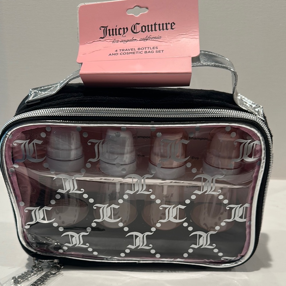 Juicy Couture Cosmetics Bag Set of 4 Travel Bottles in Clear, Black and Silver.